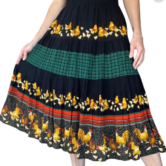 Vintage Carole Little Petites Novelty skirt Hen Chicken Black Kelly green 18 - Picture 3 of 15